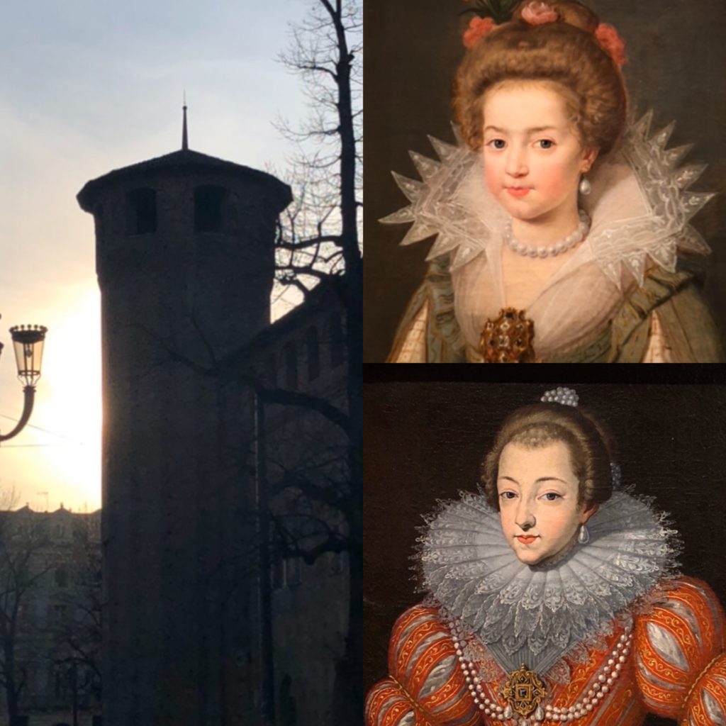 Madama Cristina di Francia in un collage di due foto che la ritraggono in una con i capelli raccolti con dei fiori rosa e un vestito con un ampio colletto, nell'altra con un diadema in testa ed un collare bianco grande su un vestito rosso. Di fianco unoscorcio serale della torre di Palazzo Madama
