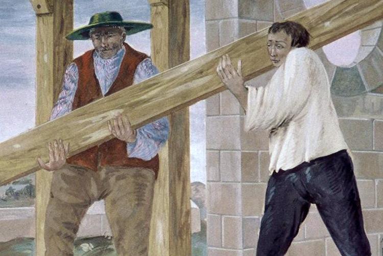 Calcio il Paese dipinto: nella foto un dipinto che raffigura la costruzione della prima ferrovia due uomini tengono in braccio una rave di legno