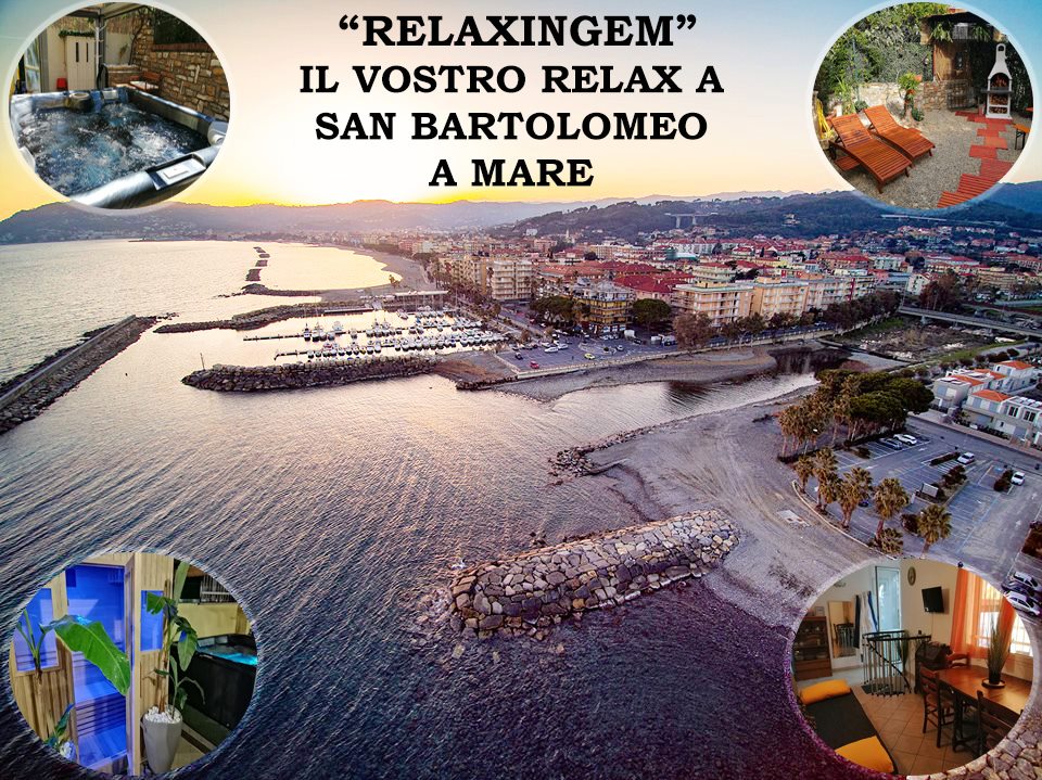 RelaxingEm di Emilio la pubblicità di un Bed And Breakfast con una veduta aerea del mare e della costa e quattro cerchi con all'interno delle immagini della struttura