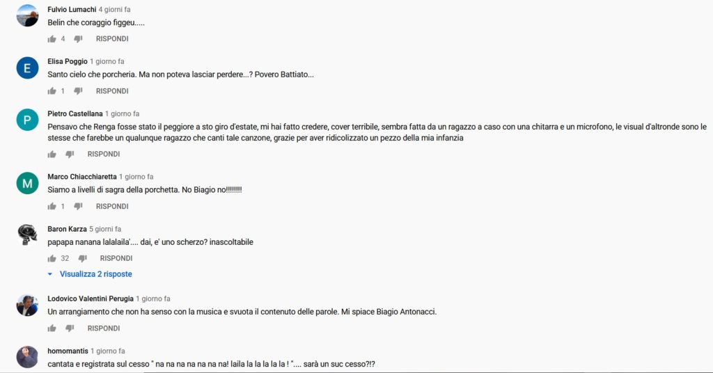 Biagio Antonacci cove centro di gravità permanente. screenshot di alcuni commenti apparsi su youtube, non del tutto entusiastici