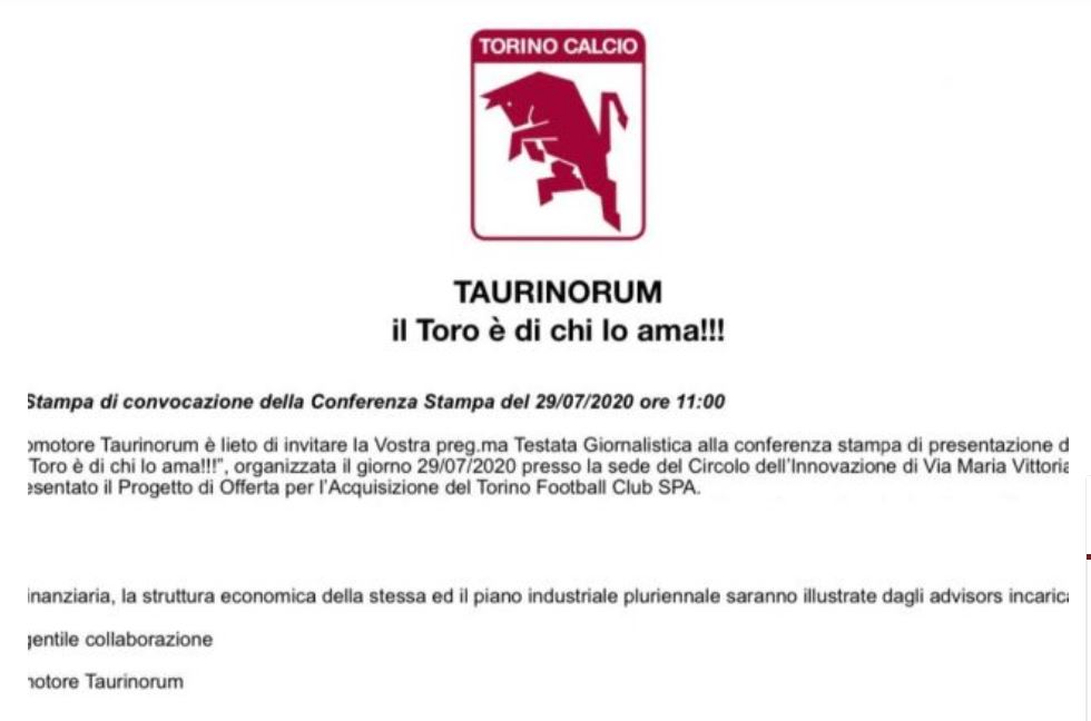 progetto taurinorum acquisto torino fc cairo. nella foto il primo invito alla conferenza stampa