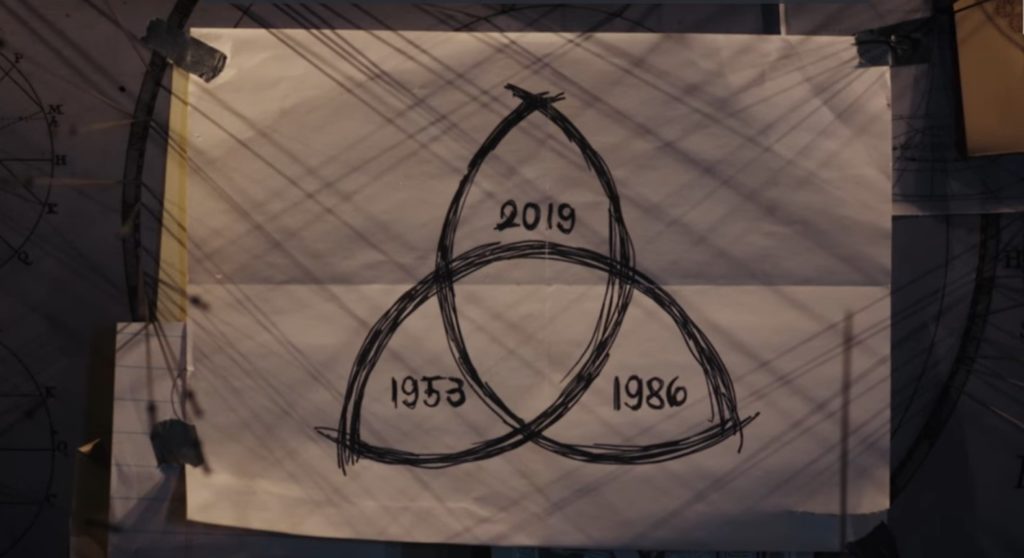In foto un foglio incollato a una parete con un simbolo a tre punte. Ognuna delle punte ha un anno della trama scritto a matita: in cima il 2019, scendendo verso destra il 1986, infine a sinistra il 1953. In centro uno spicchio vuoto.
