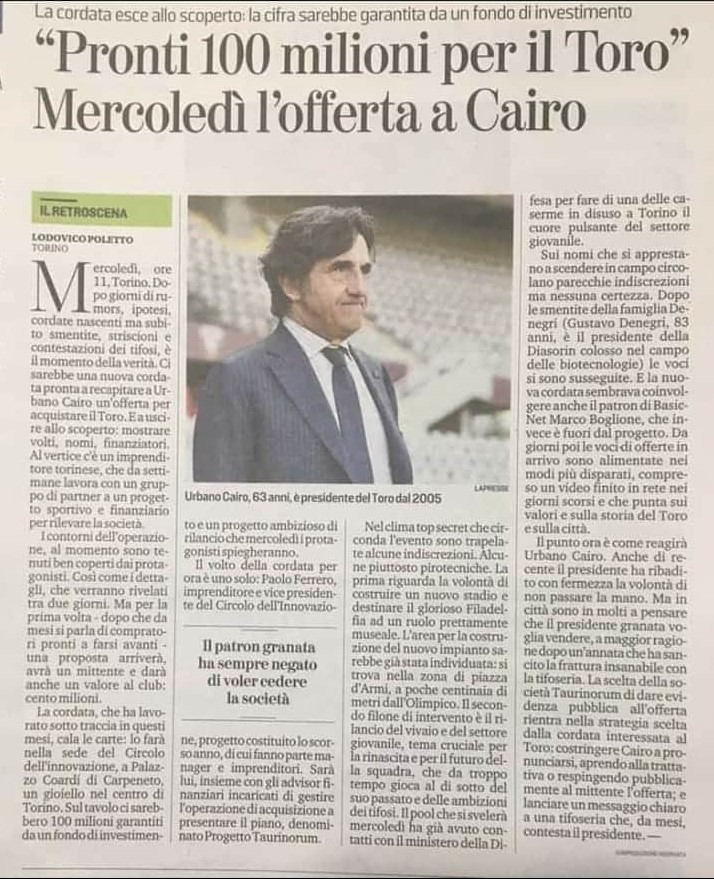 progetto taurinorum acquisto torino fc cairo. nella foto l'articolo apparso su la stampa lunedì 27 lugio