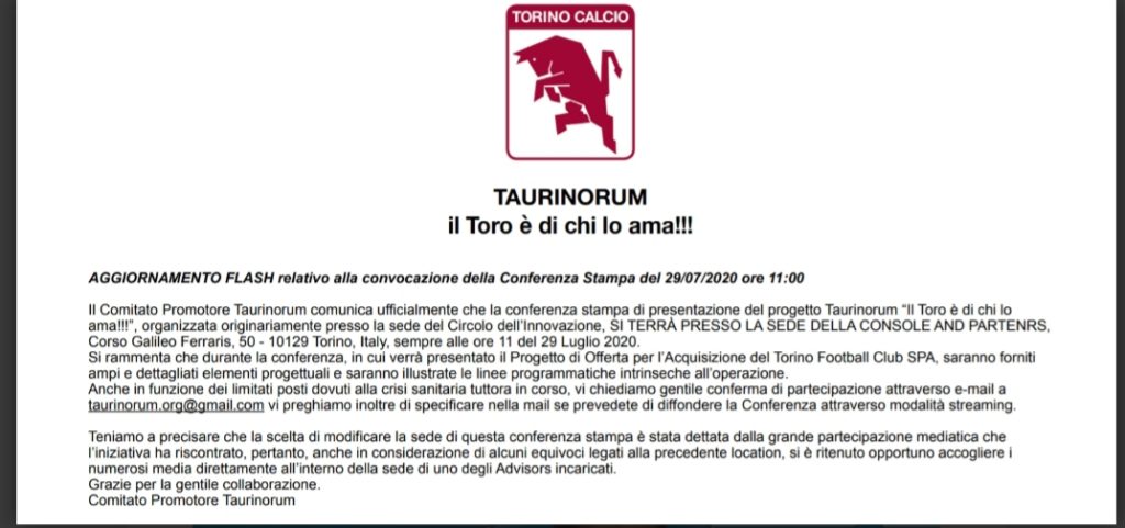 progetto taurinorum acquisto torino fc cairo. nella foto la seconda convocazione alla conferenza stampa