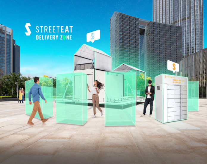 In foto la copertina di Streeteat e di Delivery Zone, con sullo sfondo una città, grattacieli e il cielo azzurro. Tre persone si scambiano il cibo e camminano tra blocchi digitali