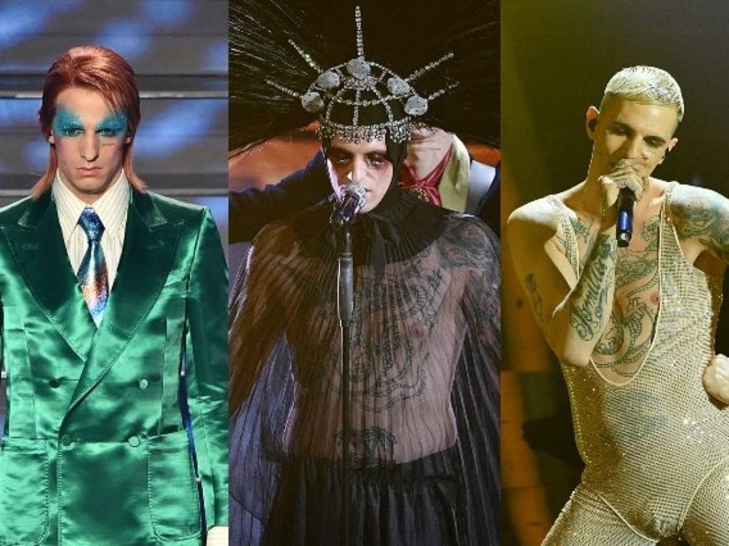 Achille lauro in tre diversi look presentati al festival di sanremo: a sinistra in vestito verde fluorescente, al centro vestito da regina d'inghilterra, a desta in tutina brillantinata e aderente