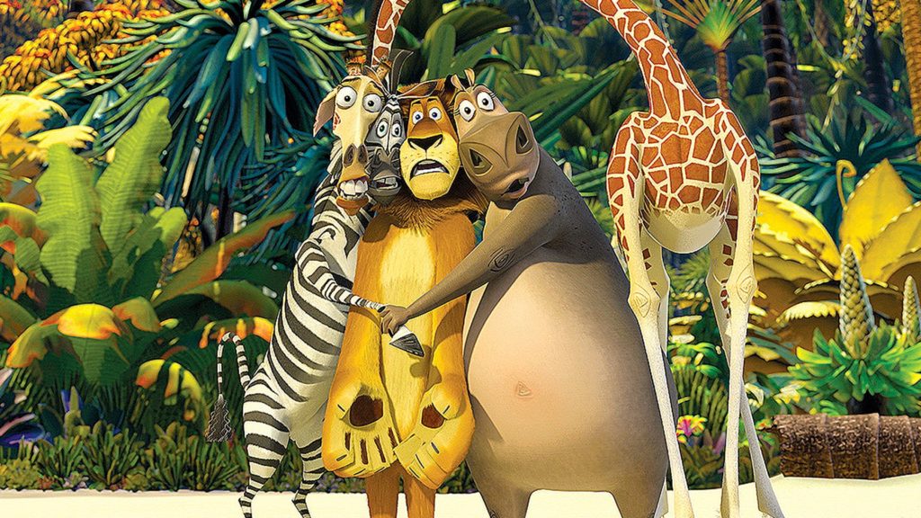 Nell'immagine, a partire da sinistra, una zebra, un leone, un ippopotamo e la giraffa. I quattro aniamali protagonisti del cartone animato Madagascar