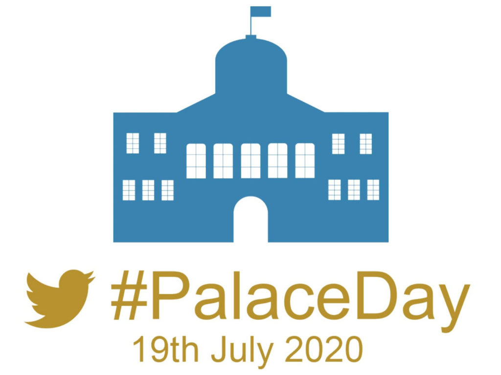 #PalaceDay il logo un palazzo disegnato in azzurro e la scritta in oro