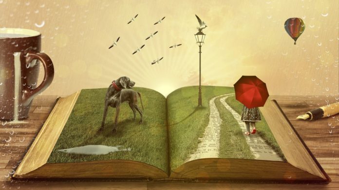 cieli su Torino un libro aperto con un cane sopra un lampione e un uomo con un ombrello rosso