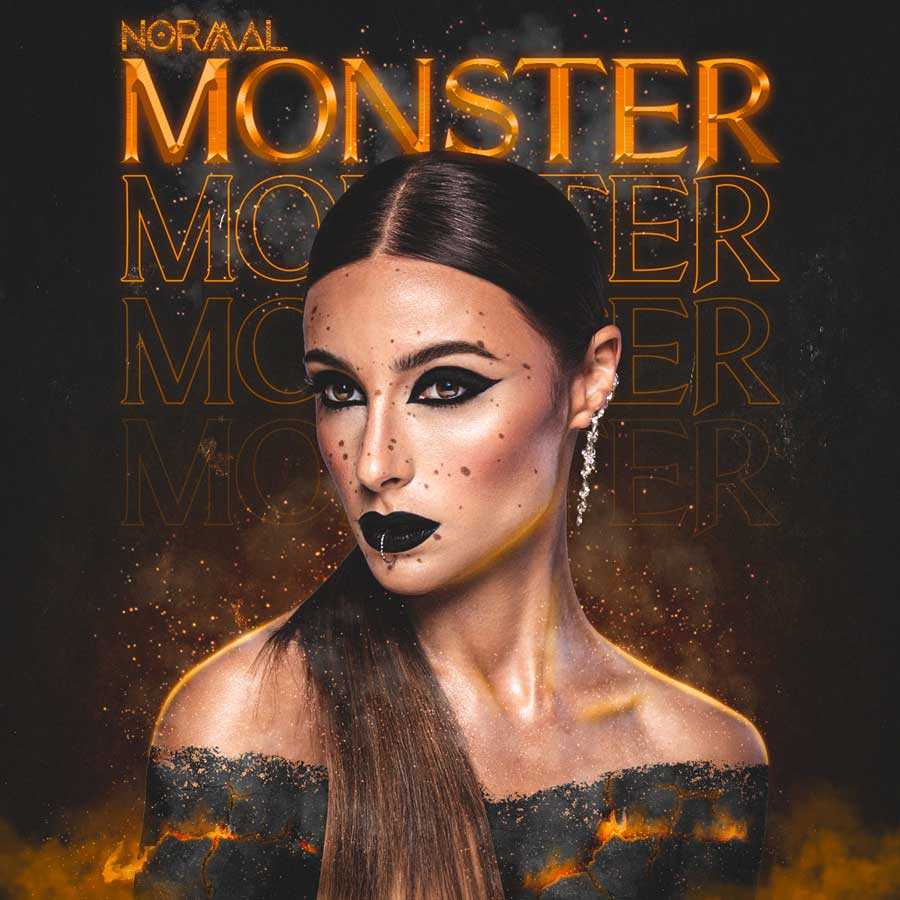 normal: la copertina del nuovo singolo monster: scritta arancione, sfondo marrone scuro e primo piano della cantante, capelli lunghi, scuri, viso di profilo, trucco nero e pesante, in stile dark