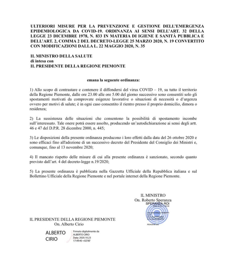 Regione Piemonte l'ordinanza del 24 ottobre