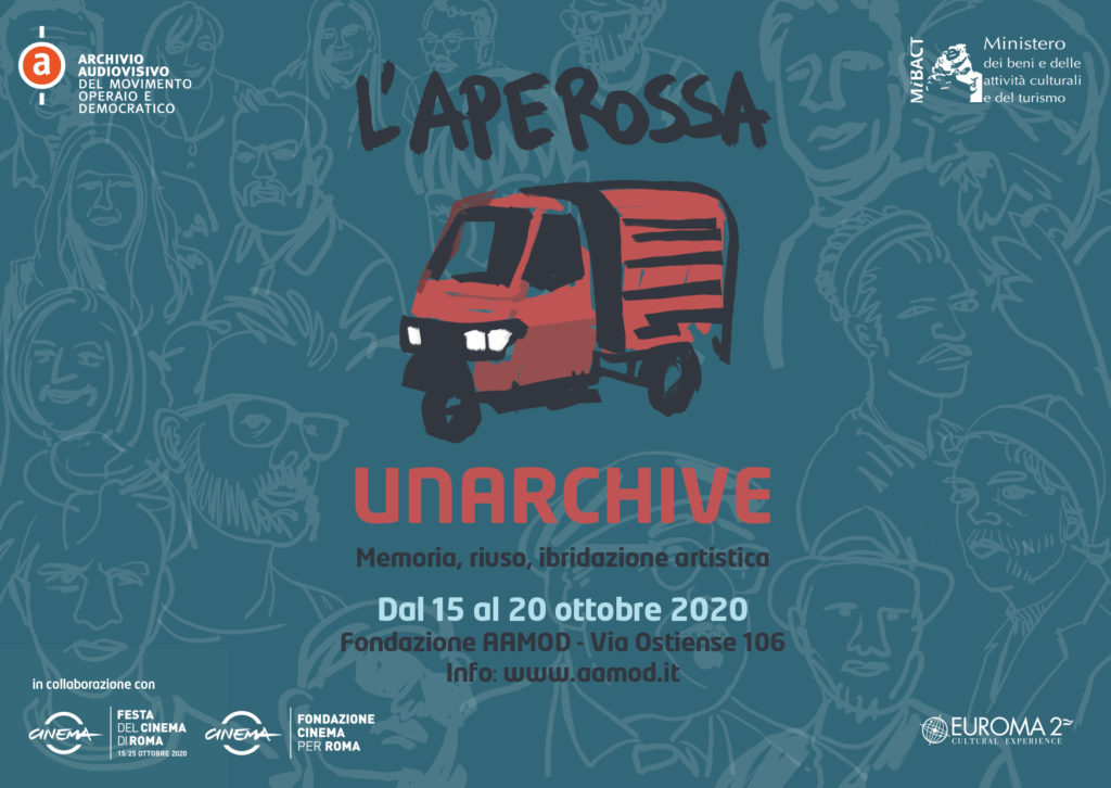 Aperossa - la locandina dell'evento con un veicolo ape rosso su sfondo bli petrolio