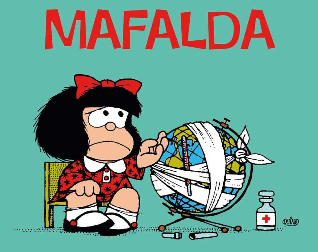 mafalda piange il suo papa Quino, triste con il mappamondo fasciato