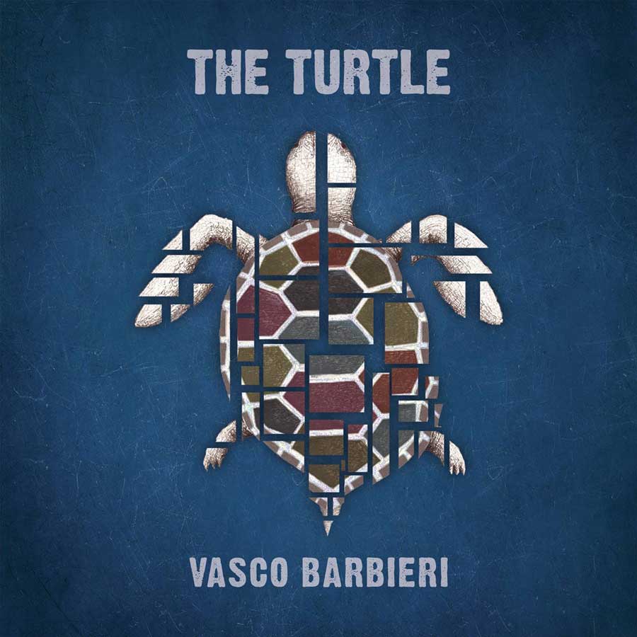 vasco barbieri the turtle - la copertina dell'album che rotrae, su sfondo azzurro una tartarugacomposta da pietre marroni e bianche