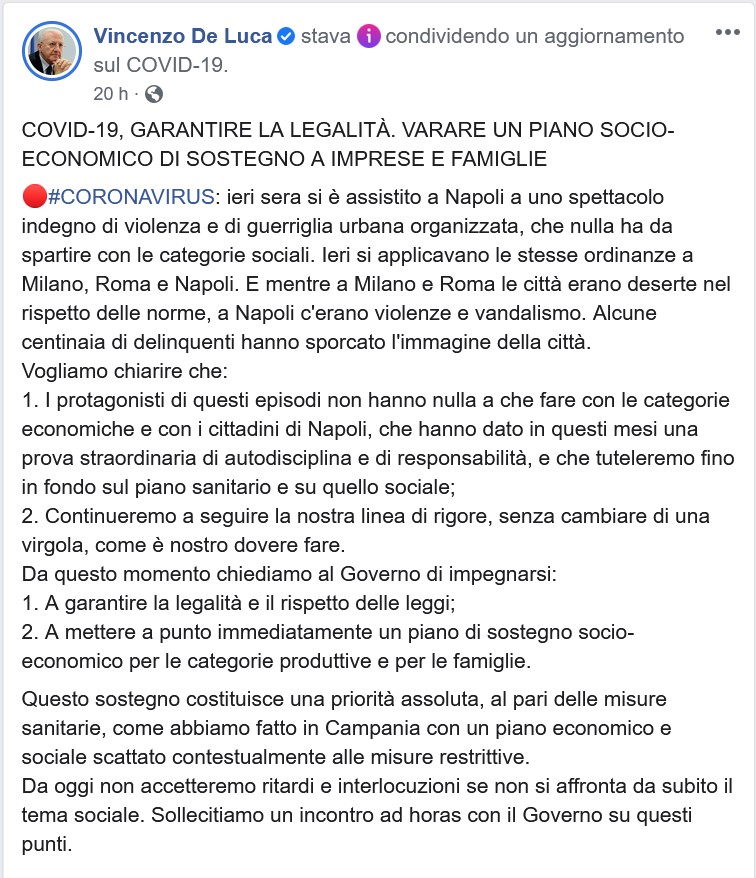 De Luca risponde con un post su facebook alleProteste contro il lockdown: 