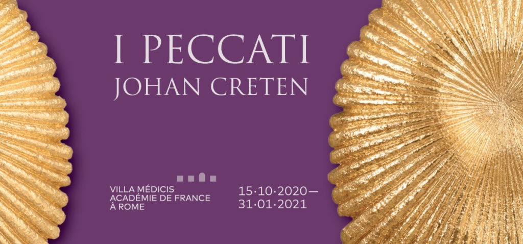 I Peccati la mostra di Johan Creten - la locandina con una scultura in bronzo su sfondo viola
