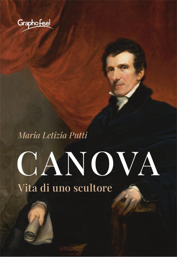 Antonio Canova, nella copertina del libro di Maria Letizia Putti, con giacca lunga nera, collo bianco alto, seduto in posa in un ritratto, con una mano appoggiata ad un bracciolo e con l'altra tiene una pergamena