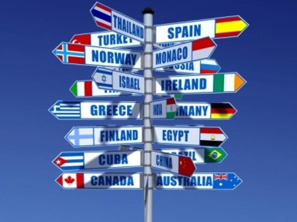 agenzie di viaggi - un cartello stradale fatto con tante frecce in ogni ogni direzione che portano il nome di tanti paesi del mondo