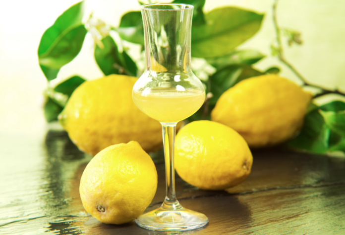 miglior limoncello nel bicchiere e intorno tanti limoni gialli con sullo sfondo delle foglie verdi