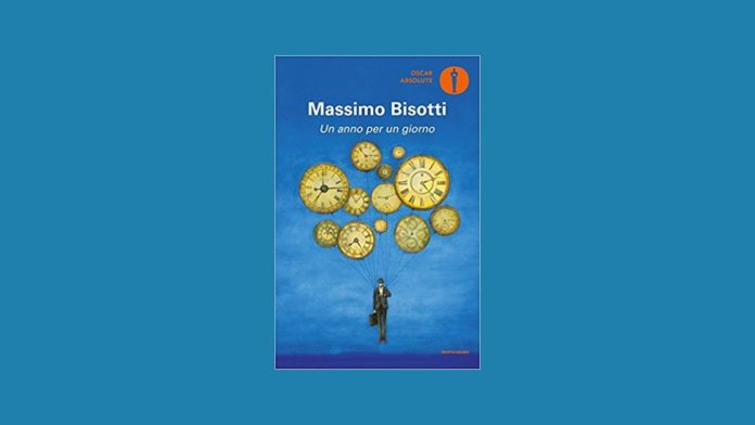 Un anno per un giorno, romanzo. La copertina del libro di colore blu. Un anno per un giorno è il titolo del romanzo di Massimo Bisotti. E' raffigurato un uomo, vestito tutto di nero, che tiene a dei fili tanti piccoli orologi.