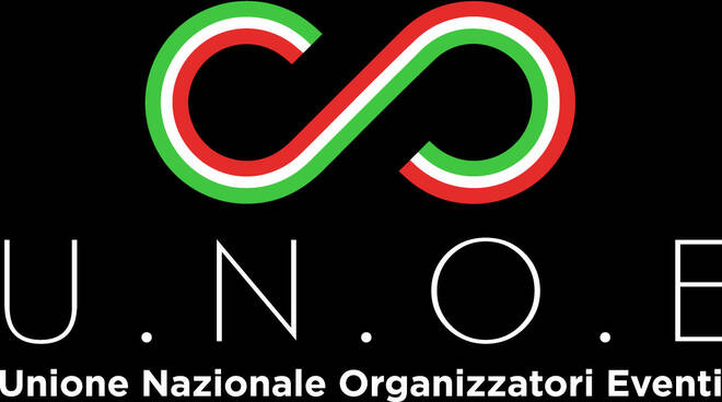 UNOE IL LOGO UN 8 ROVESCIATO BIANCO ROSSO E VERDE E SOTTO LA SCRITTA UNIONE NAZIONALE ORGANIZZATORI EVENTI