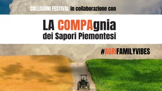 Abrifamily Vibes la locandina con disegnata una campagna con da una parte un prato e dall'altra la terra e in mezzo un astrada sterrato con un trattore