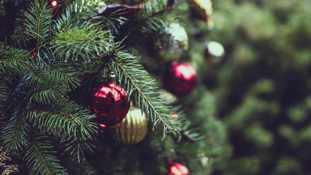 Un primo piano di un albero di natale con delle palline rosse e dorate in mezzo ai rami verdi