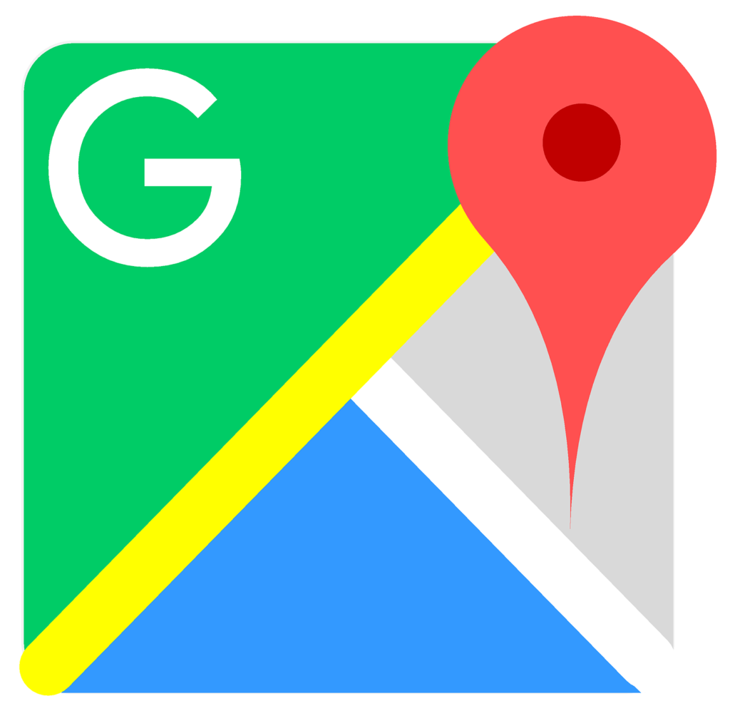 il simpbolo dell'applicazione di google maps con un quadrato diviso in due triangoli divisi da una striscia gialla, uno verde con la scritta "G" e l'altro diviso in altre due parti, una blu e una grigia, con un flag rosso di posizione.