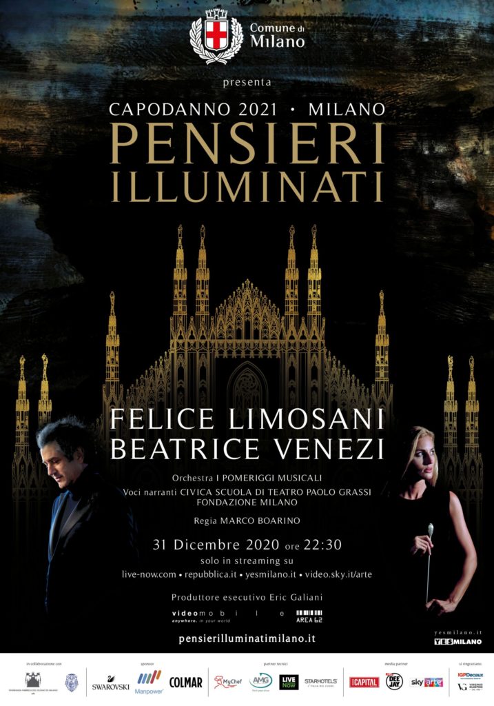 pensieri illuminati, la locandina con il duomo di notte illuminato, felice limosani sulla sinistra con abito scuro e beatrice venezi sulla destra con abito da sera nero