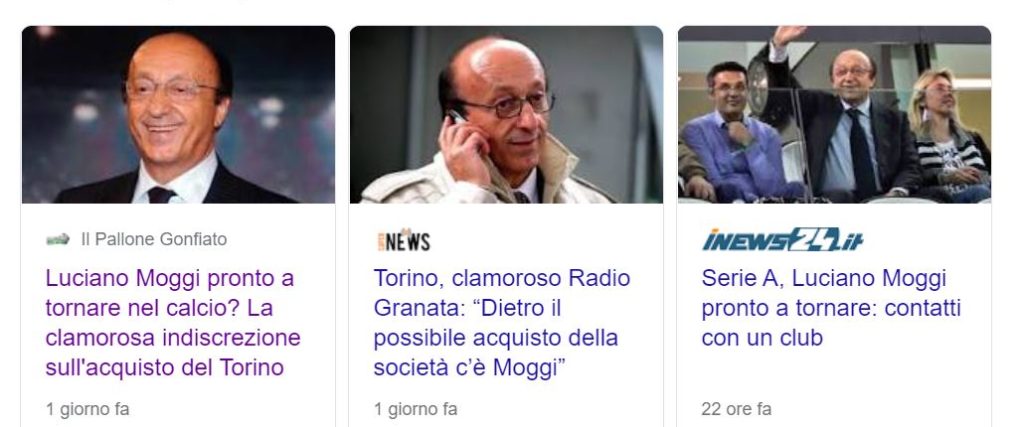 Luciano Moggi al toro - lo screenshot di tre articoli riguardanti la notizia