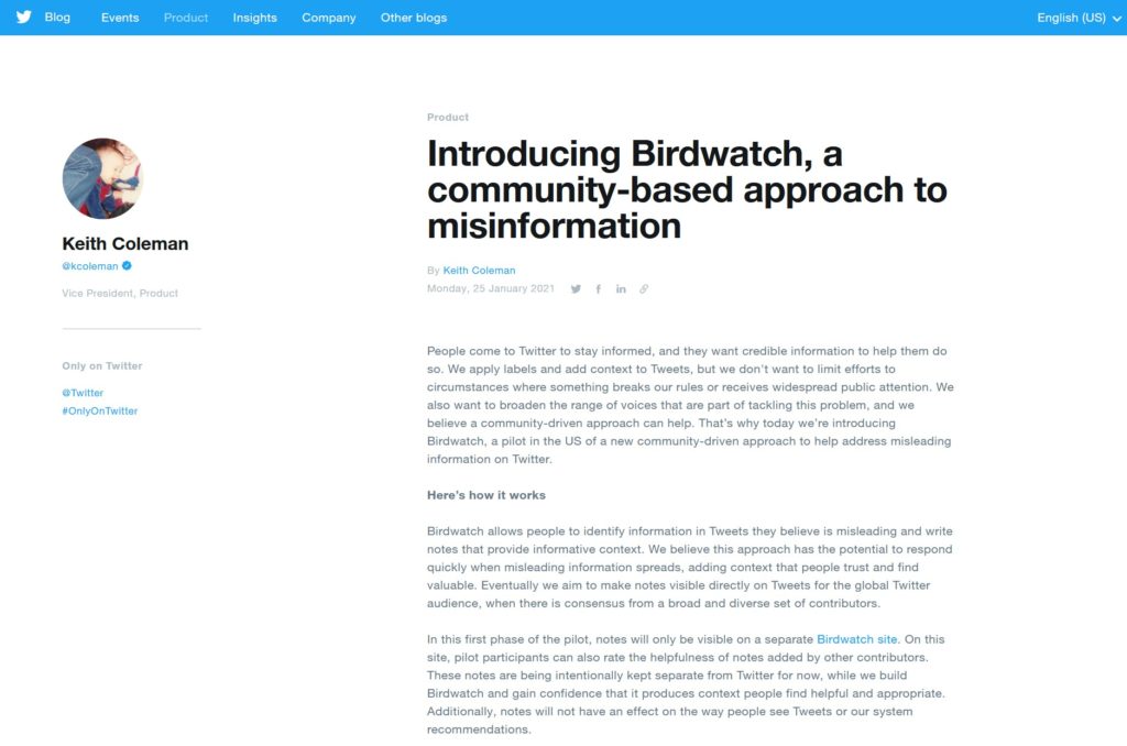 Birdwatch di Twitter la pagina di spiegazione