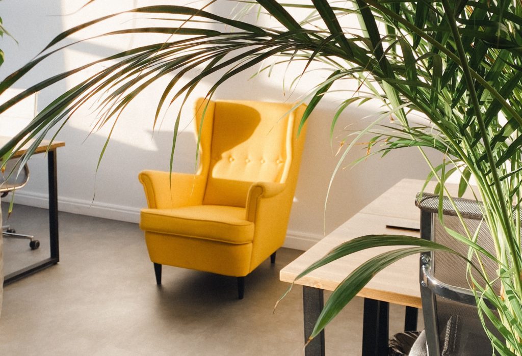 idee e consigli per la casa studio tortora - una poltrona gialla con un tavolino vicino e un ramo di palma yucca che fa da arco