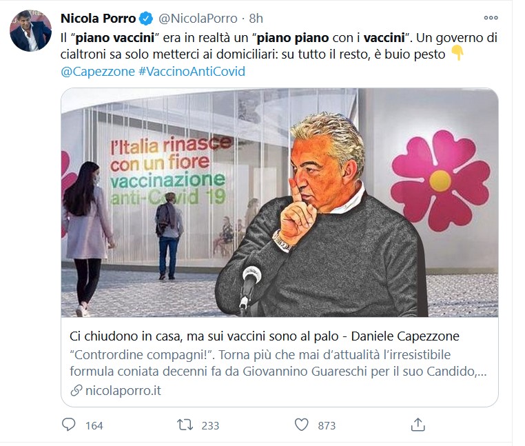 piano vaccini arcuri primula nella foto lo screenshot del post di Nicola Porro con la foto di arcuri e di un centro primula