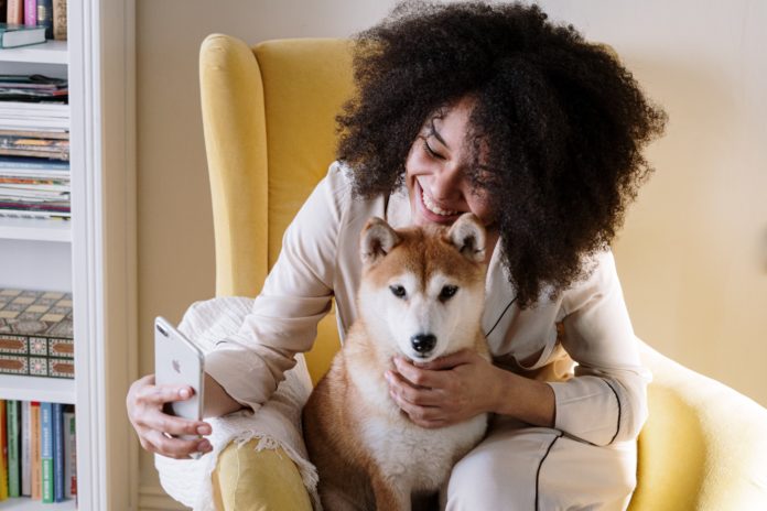 idee e consigli per la casa - una ragazza con lunghi capelli rici seduta su una poltrona gialla sorride tenendo sulle ginocchia un bellissimo cucciolo di cane e un cellulare in mano