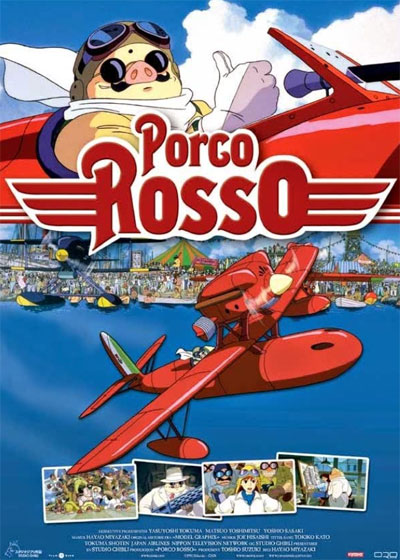 Un uomo/maiale alla guida di un aeroplano rosso