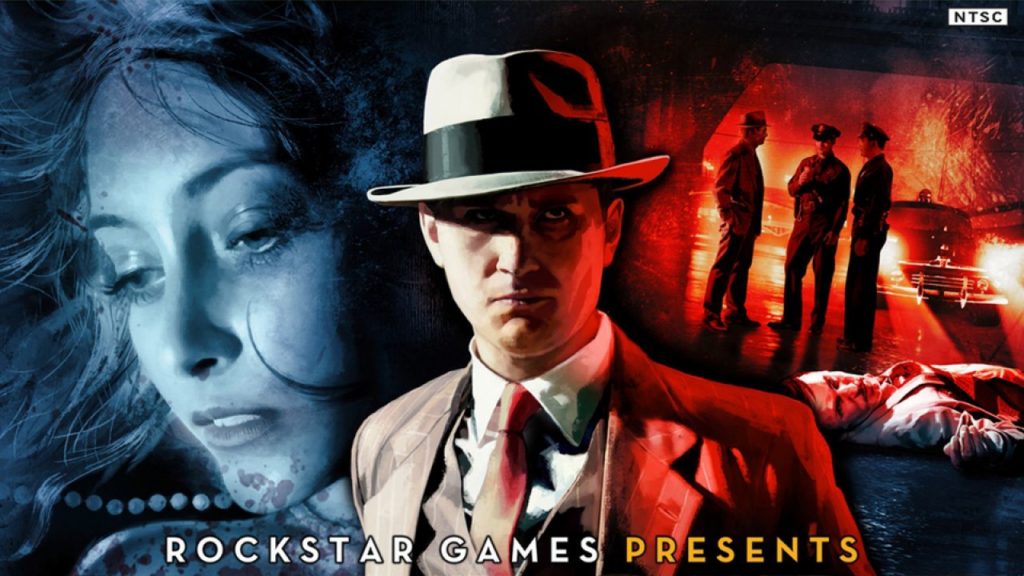 LA NOIRE - la locandina del gioco con un detective con cappello borsalin chiaro con banda nera, completo marrone con panciotto e cravatta, alla sua destra un volto di donna preumibilmente cadavere e sulla sua sinistra un gruppo di agenti