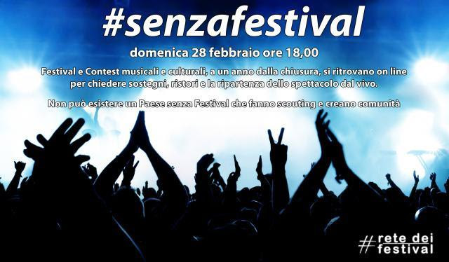 #senzafestival - la locandina cn  sfondo blu e delle sagome nere che rappresentano il pubblico in un concerto live, conle mani alzate, e diverse scritte