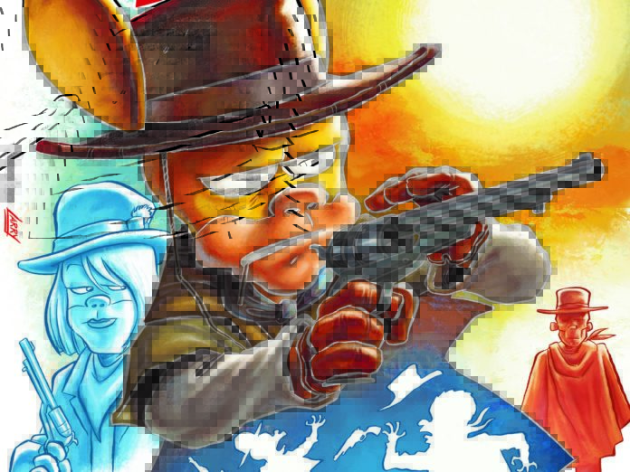 Fumetti Panini Comicxs - nella foto il nuovo personaggio di fumetti Matana, un topo vestito da cow boycon grandi orecchie e un cappello grosso, con una pistola colt in mano intorno a lui in blu delle sagome di uomini disegnate