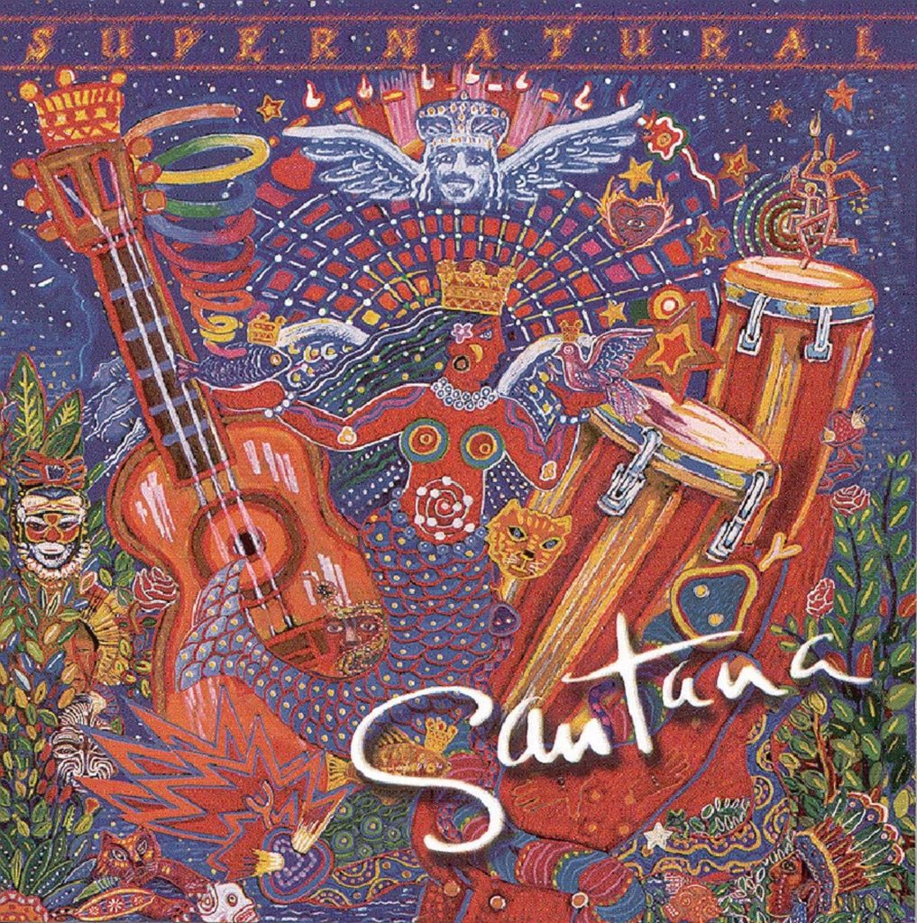 supernatural carlos santana - la copertina del disco in un tripudio di colere rosso, con una chitarra stilizzata sulla sinistra