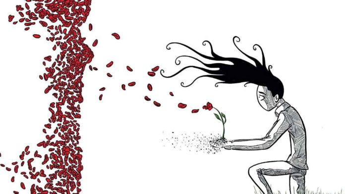 Un intimo distacco, romanzo, mondo. La figura di una donna rappresentata da petali di rose rosse. Difronte un ragazzo in ginocchio con lo sguardo triste e i capelli lunghi neri a formare dei punti interrogativi.