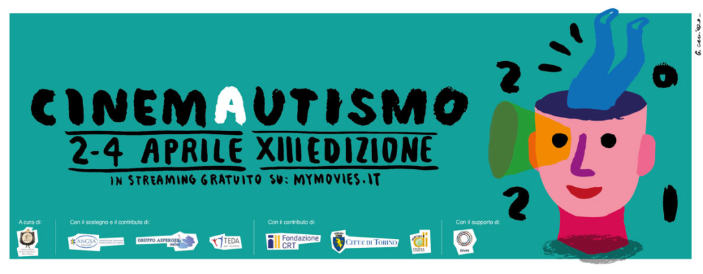 cinemautismo - la locandina della 13ma edizione tutta azzurra con la scritta nera "cinemautismo (con la a bianca) 2-4 aprile XXIII edizione in streaming gratuito su mymovies.it sulla destra la testa disegnata di un bambino con intorno dei punti interrogativi e esclamativi, dal naso esce una trombetta e dalla testa escono due gambe