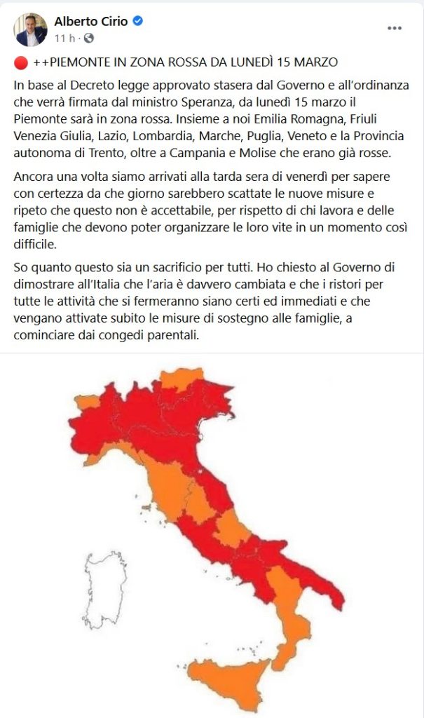 Regione Piemonte in zona rossa il post su fb di Alberto Cirio, già  citato per intero nell'articolo