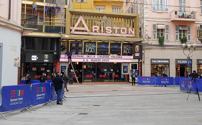 cosa resterà di questo Sanremo 2021 nella foto il tearo Ariston con llapiazza antistante vuota, transennata con striscioni della tim e diversi pollziotti intorno