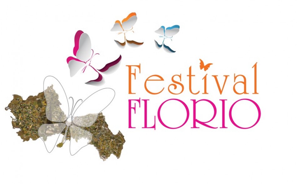 festivalflorio la locandina con delle farfalle colorate in rosa e azzurro che volano in semicerchio intorno alla scritta festival florio
