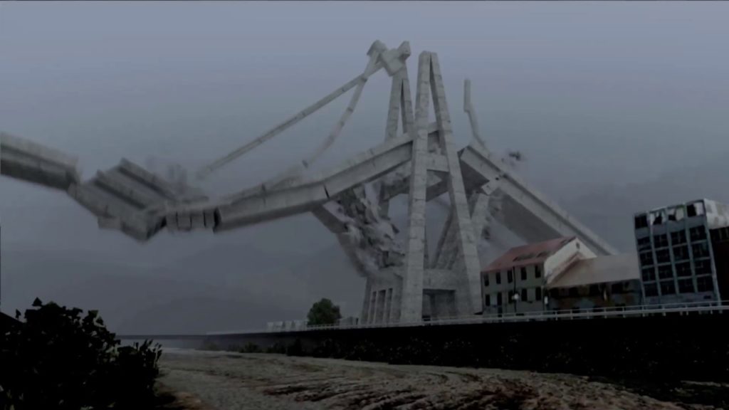 American murder: nella foto il ponte Morandi di Genova mentre sta crollando 