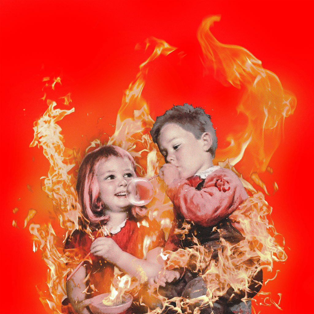 Coma_Cose la copertina dell'album Nostralgia è rossa con due bambini che sorridono e vanno in fiamme 