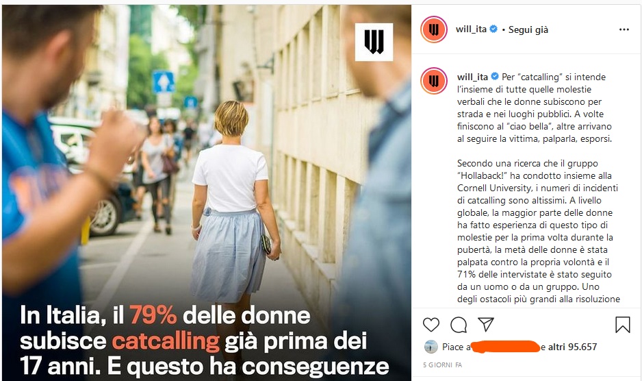 catcalling - il post di instagram che dice" In Italia il 79% delle donne subisce catcalling e questo ha conseguenze" con una donna vestita con maglietta bianca e gonna azzurra, di schiena, e due uomini che la guardano