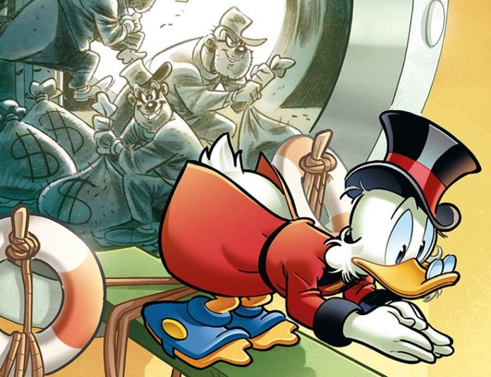 Topolino - nella foto Paperone intento a tuffari dal trampolino che è posizionato sul bordo della porta rotonda del deposito e dietro di lui la anda bassotta intenta a rubargli il denaro