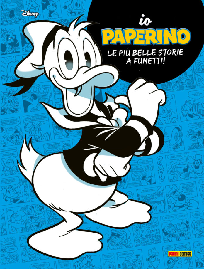 Fumetti, panini comics, disney. La copertina del fumetto. Sfondo azzurro con paperino in primo piano in bianco e nero. In alto sulla destra il titolo 