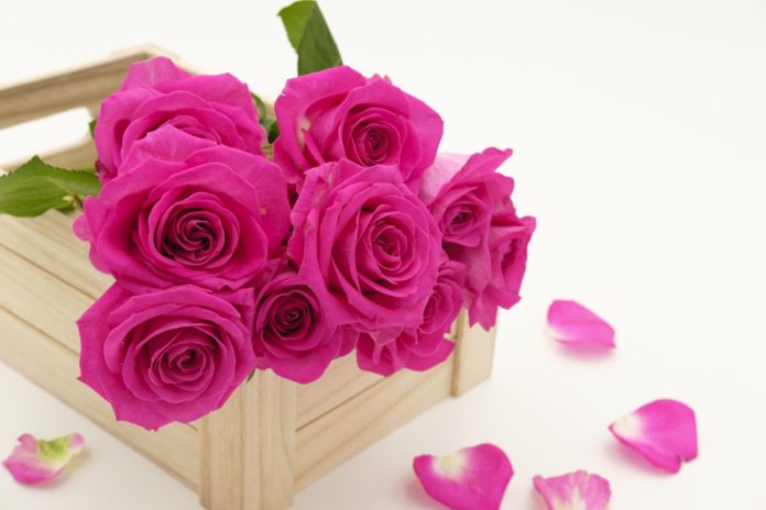 Un bouquet di rose appoggiato su una cassettina di legno e per terra dei petali rosa